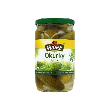 Hamé Okurky sterilované v kořeněném sladkokyselém nálevu podélně tříděné 7-9 cm 680g