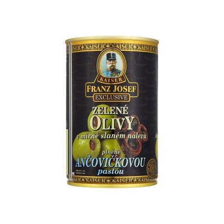 Kaiser Franz Josef Exclusive Zelené olivy v mírně slaném nálevu plněné ančovičkovou pastou 300g