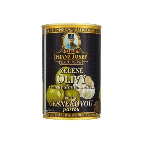 Kaiser Franz Josef Exclusive Zelené olivy v mírně slaném nálevu plněné česnekovou pastou 300g